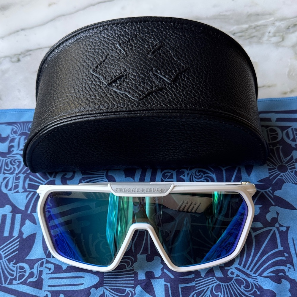 Chrome Hearts White Frame Sunglasses with Reflective Blue Lenses